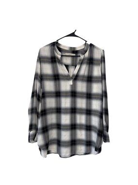 Loft Petite Plaid Tunic Blouse Long Sleeve Black White Gold Details Womens Sz LP